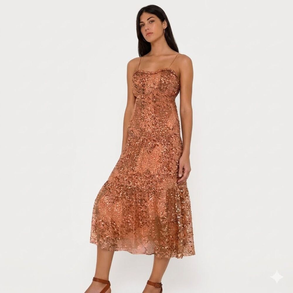 ba&sh Paris Odette Metallic Midi Dress Peach Gold Tiered Boho Small 1